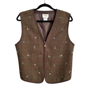 TALBOTS Wool Herringbone Plaid Vest Brown Embroidered Leaf Zip Front Size M